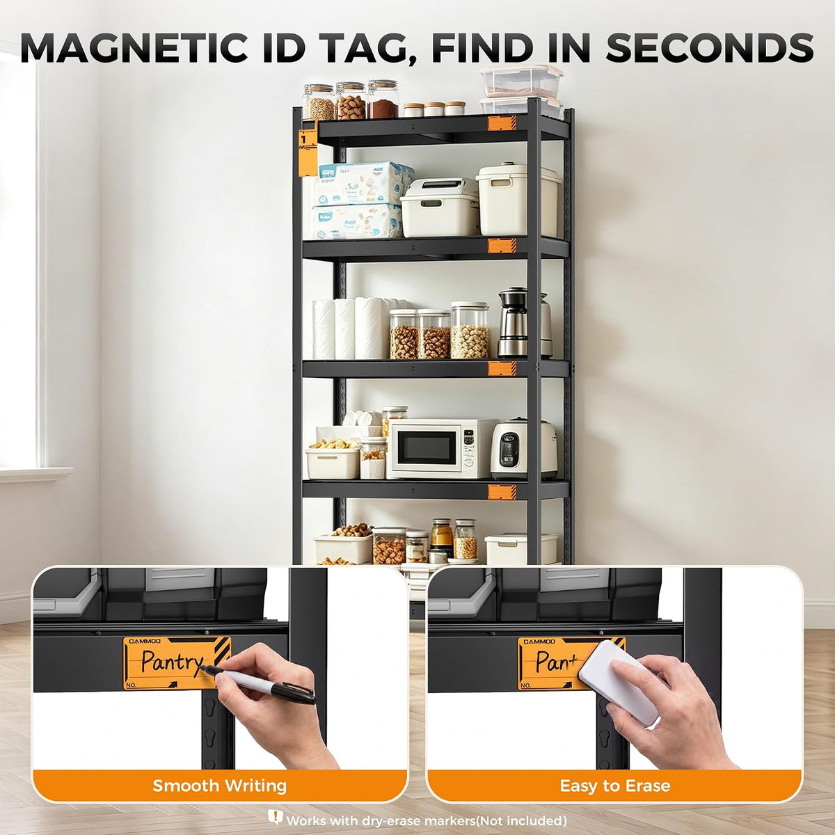 Tall black 5-tier shelf in a bright pantry with jars, paper towels and two inset close-ups of a writable magnetic ID tag