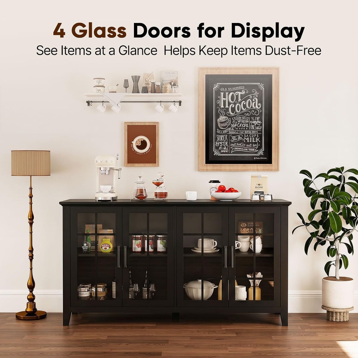 Front view of the black buffet cabinet against a wall highlighting the four glass doors and decorative styling