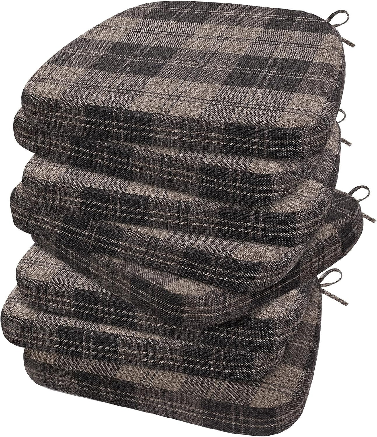 Stack of D‑shaped chair pads in a dark oatmeal plaid fabric with corner tie loops visible