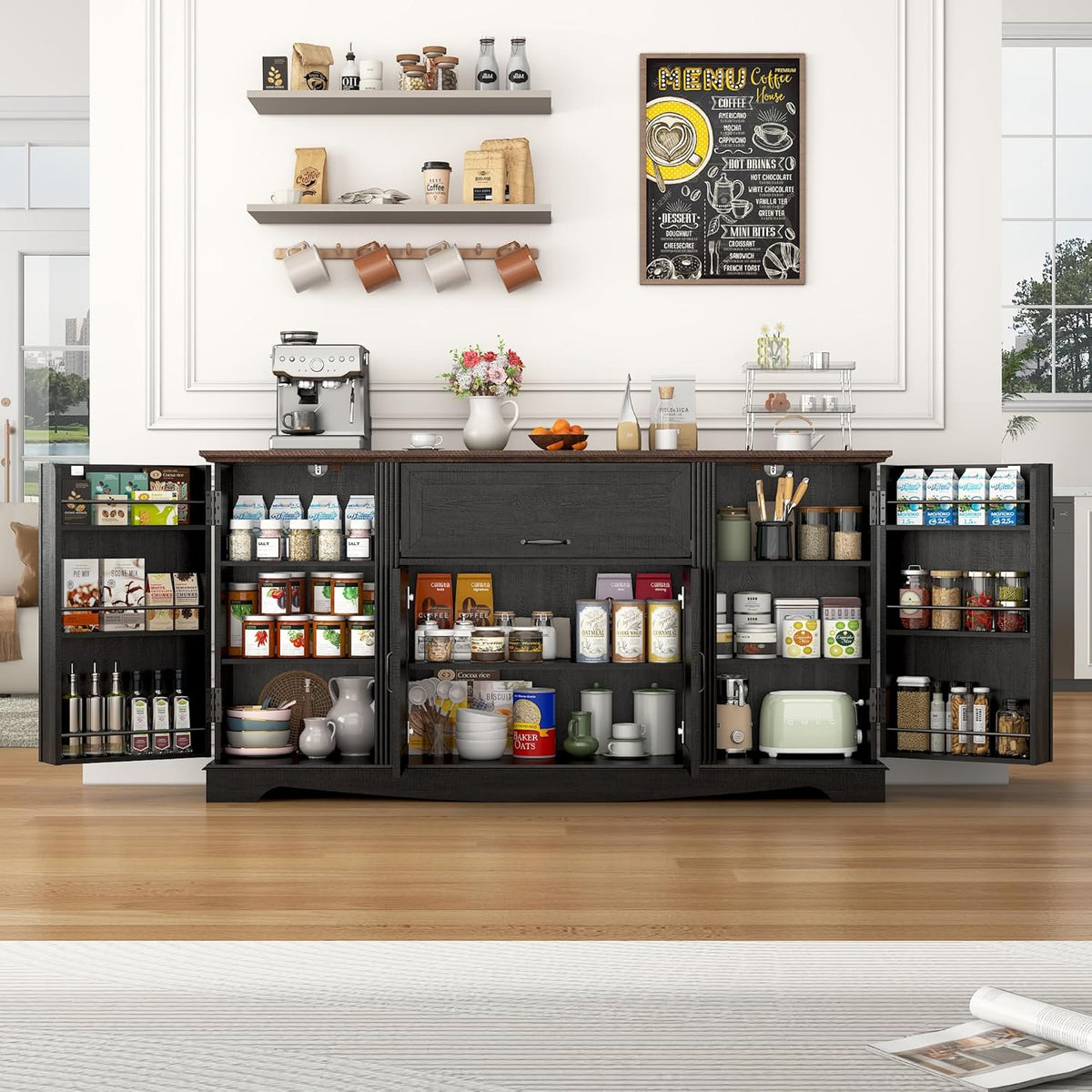 Front view of the same sideboard in a dark finish with doors open to reveal organized pantry shelves and countertop