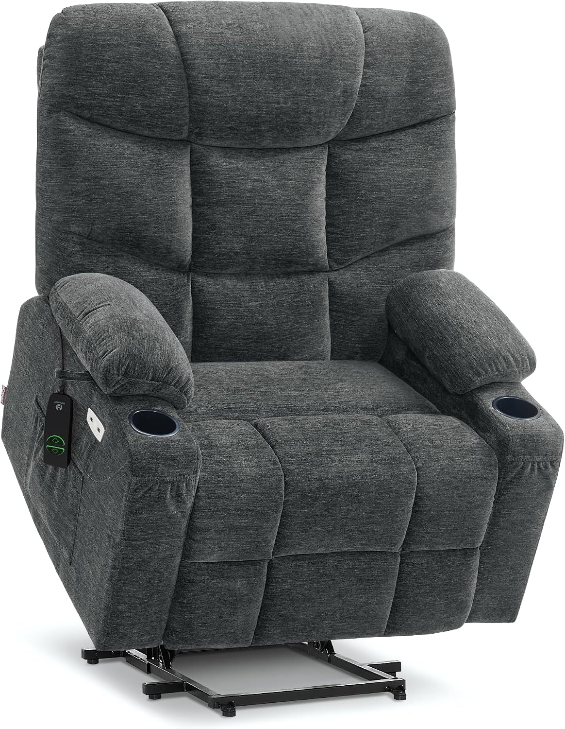 Charcoal gray fabric lift recliner angled forward, highlighting padded cushions, cup holders and lift base.