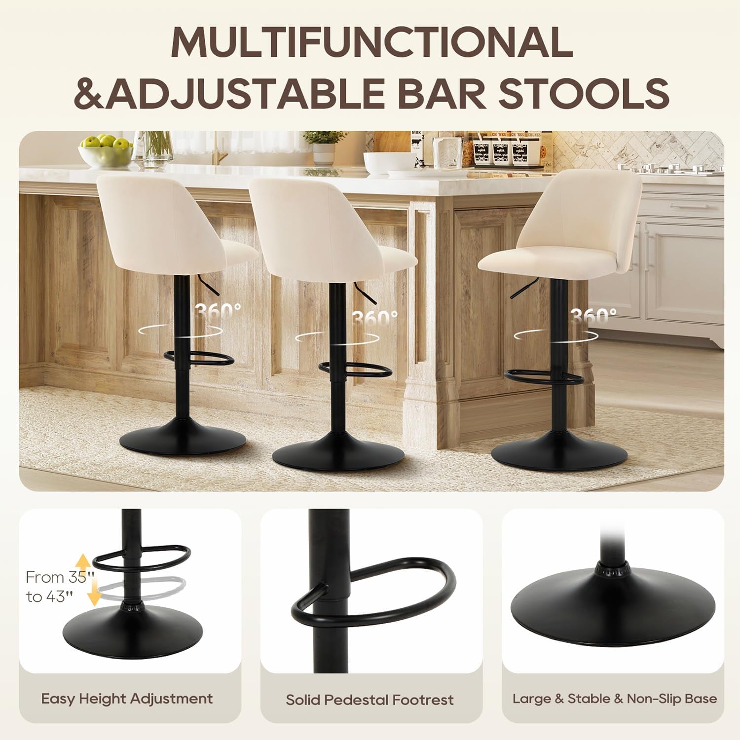 Three beige swivel bar stools in a row illustrating 360° swivel with closeups of footrest and non-slip base