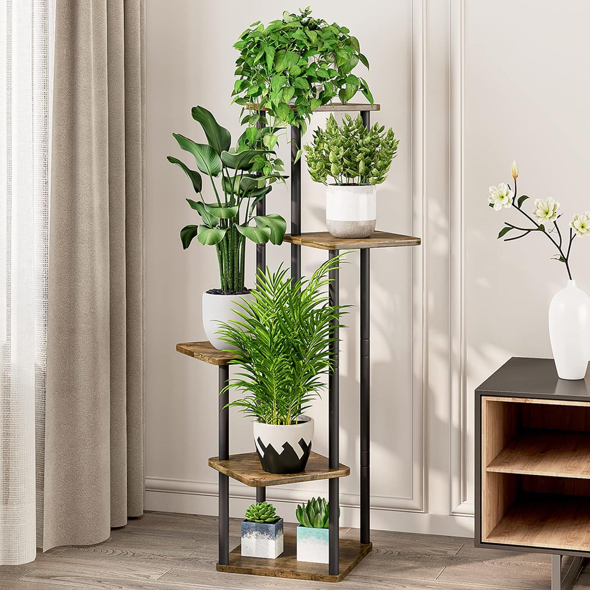 Corner plant stand displayed in a living room setting with potted plants on each tier, side view
