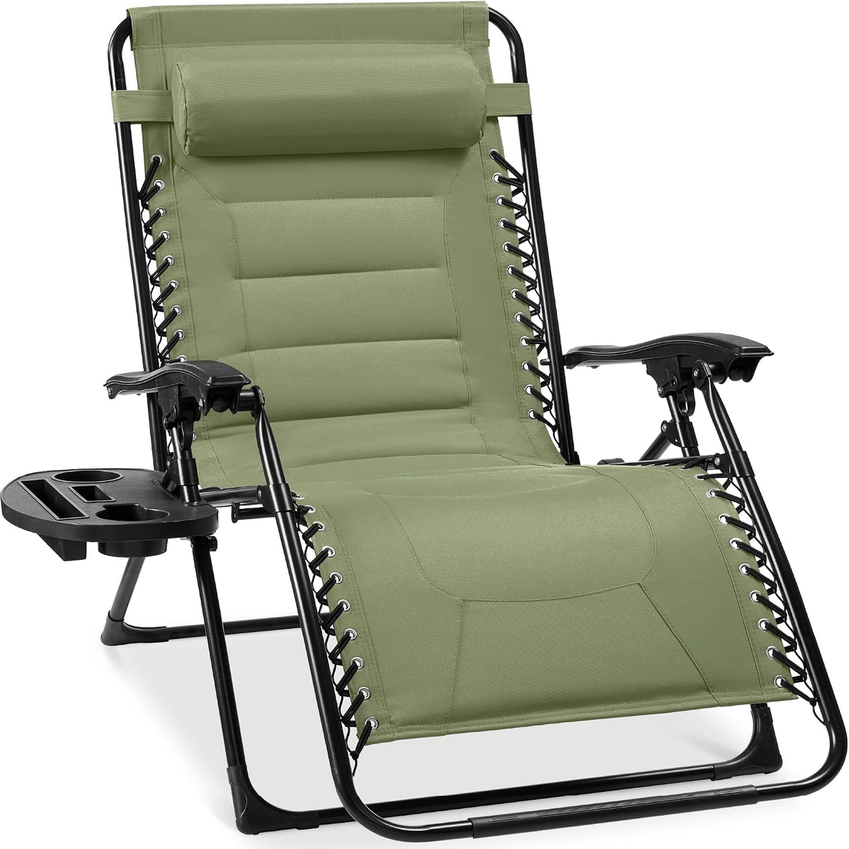 Front-angle view of a light olive-green padded zero-gravity recliner with armrests and cup tray