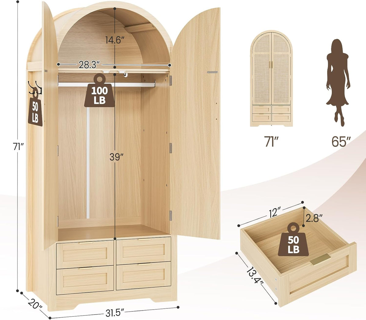 Arched wardrobe in natural finish with dimension callouts showing 31.5"W x 20"D x 71"H and drawer diagram