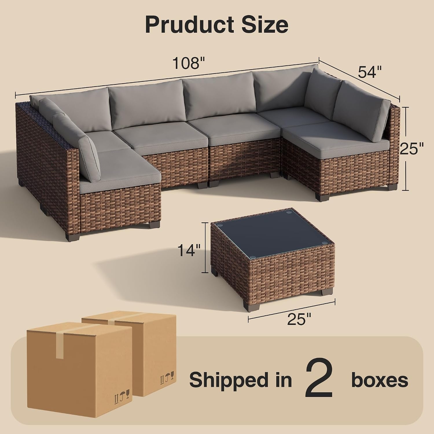 Diagram of sectional showing dimensions 108" x 54" x 25" and coffee table 25" x 14" on beige background