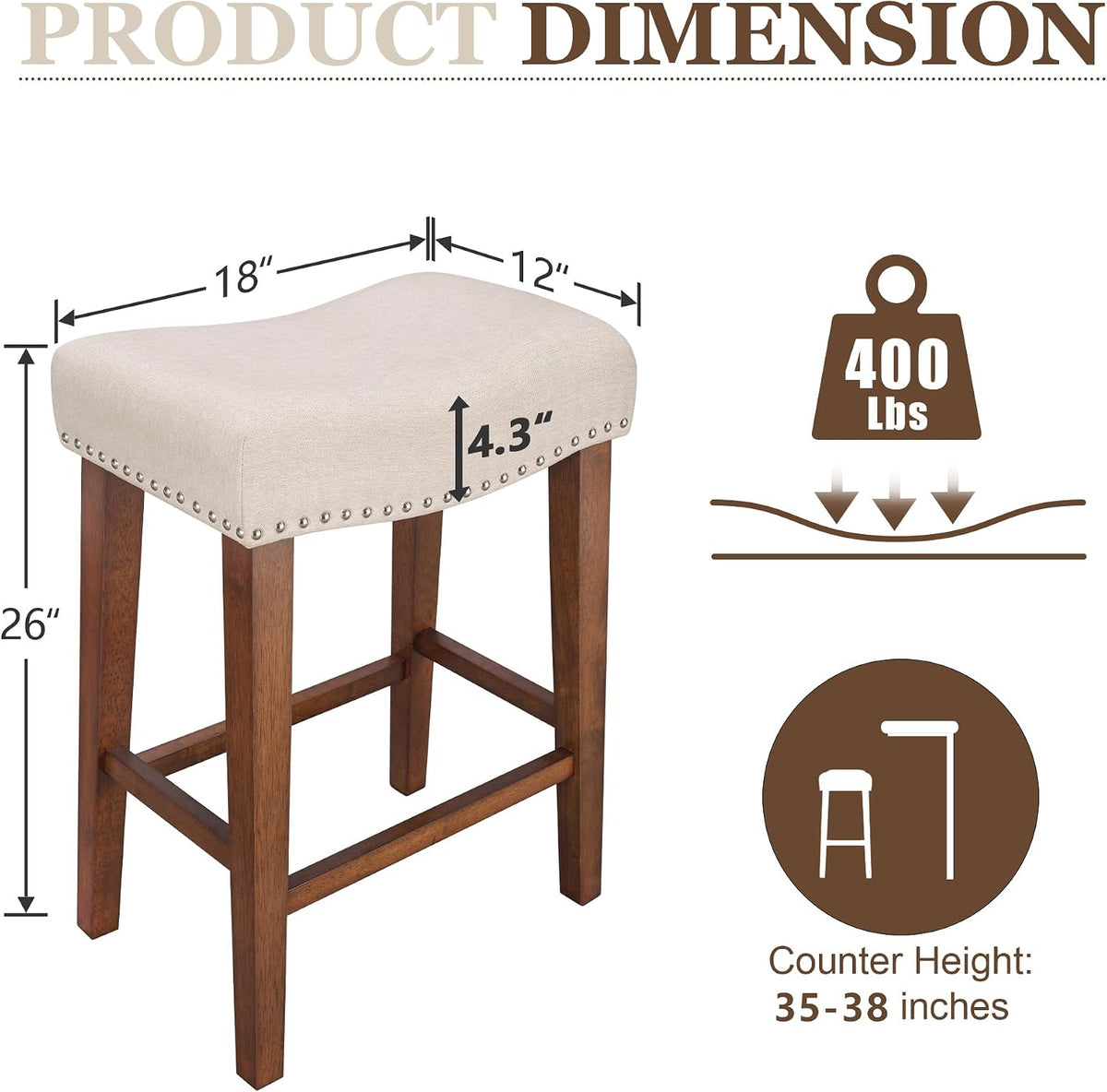 Graphic diagram showing beige stool dimensions with 18 by 12 inch seat, 4.3 inch cushion and 26 inch height plus 400 lb icon