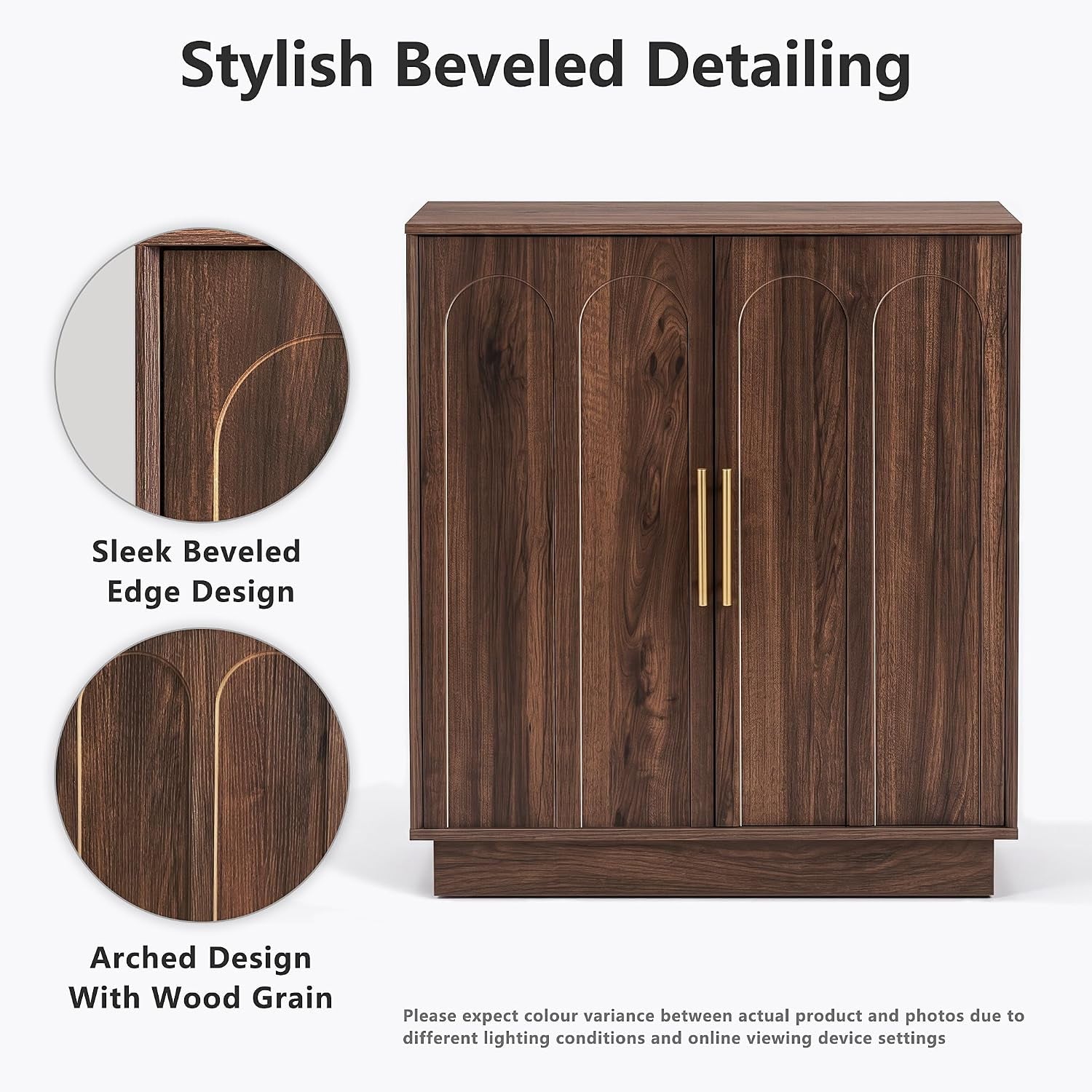 Front view of walnut sideboard closed doors highlighting arched beveled detailing and gold metal handles