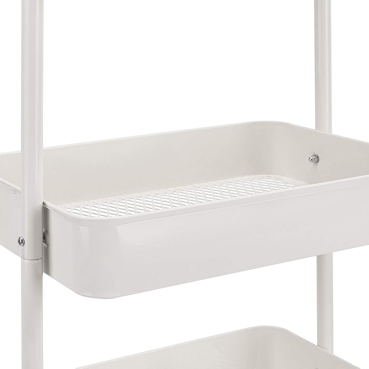 Mid-level white metal tray shelf with diamond-pattern mesh insert and tubular frame