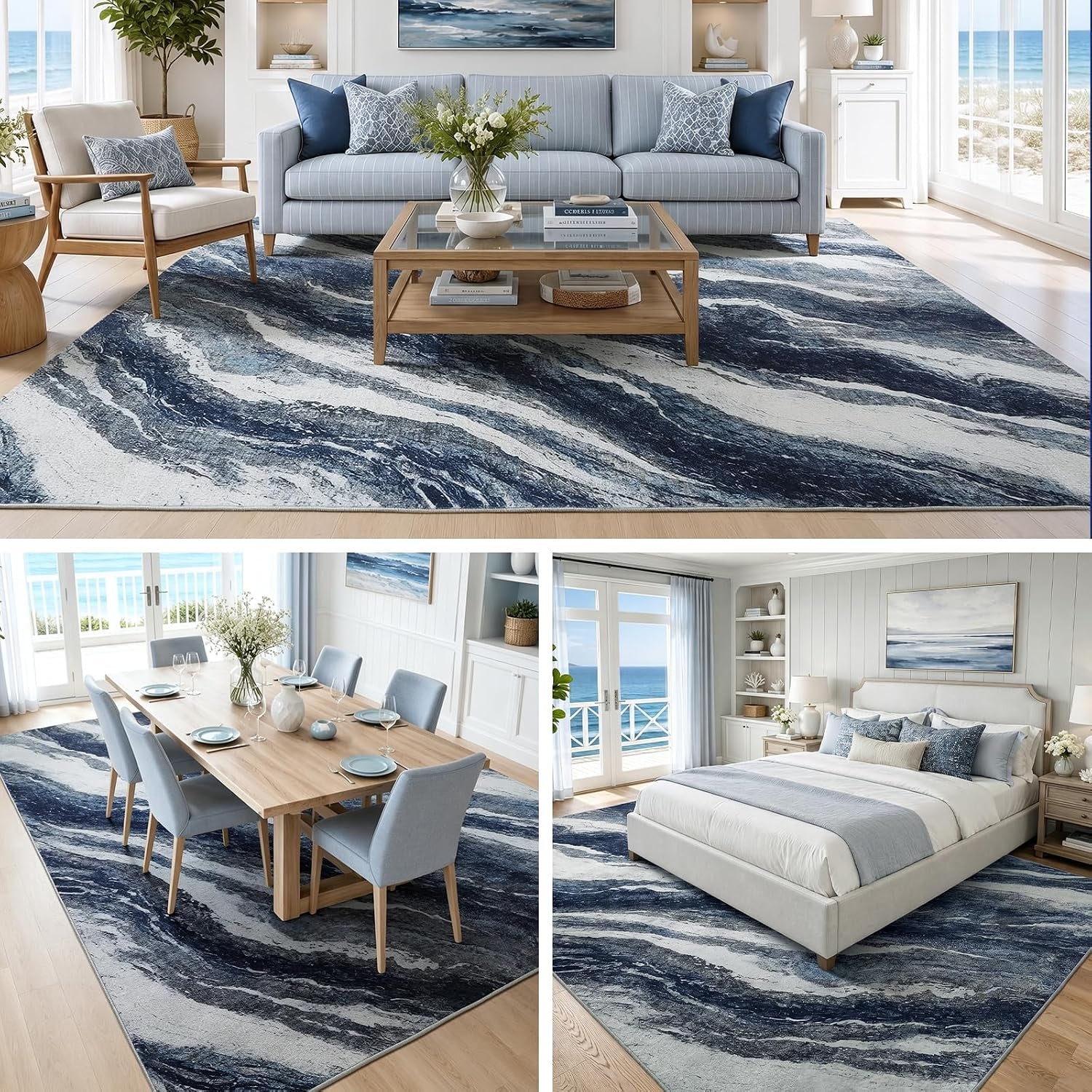 Blue and white abstract area rug centered under a sofa and coffee table in a coastal living room