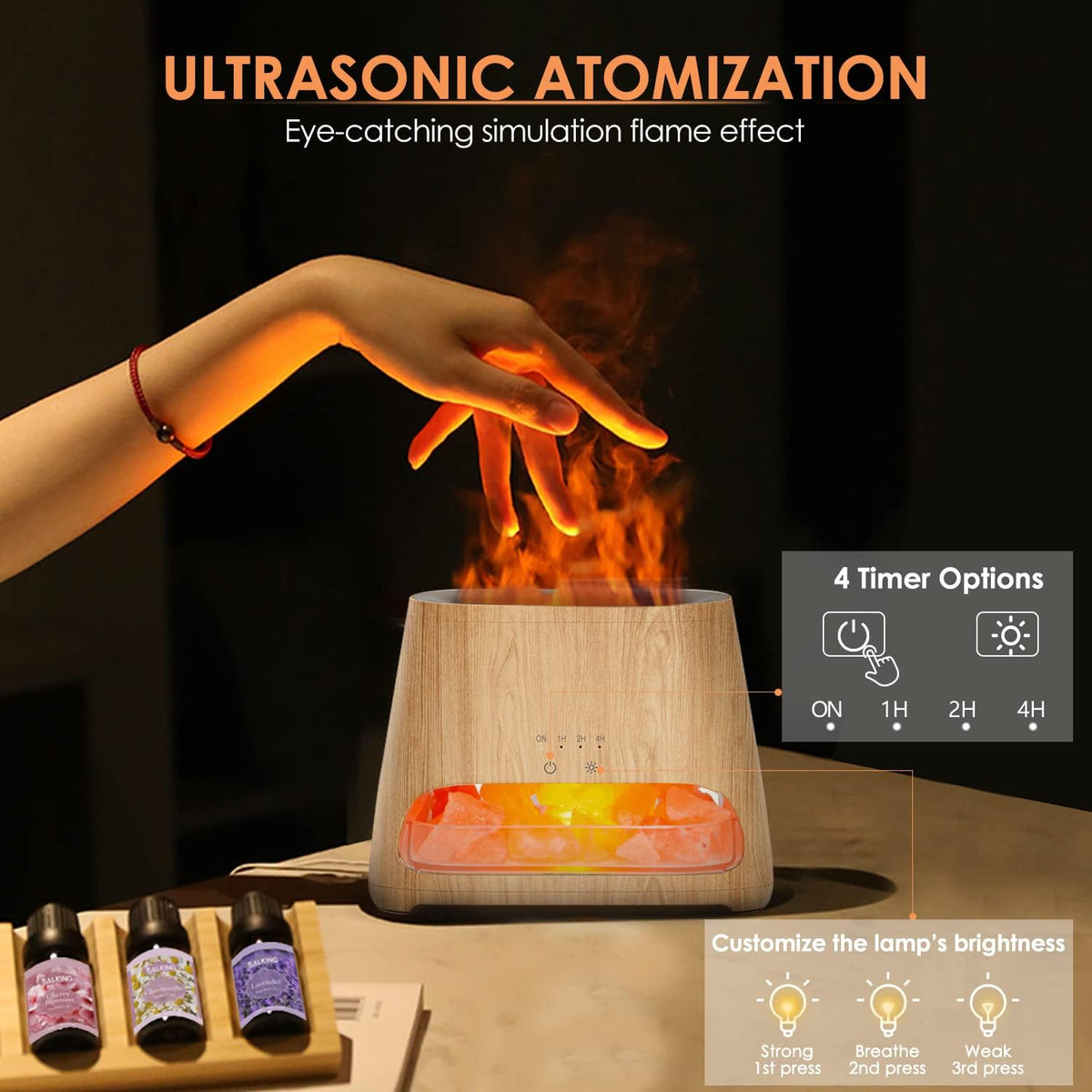 Top view of the diffuser showing ultrasonic simulation flame effect with a hand gesture and timer/brightness icon overlay