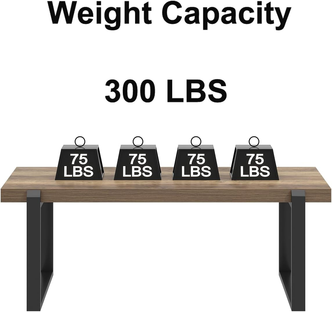 Graphic showing four 75 lb weights on the tabletop with text indicating a 300 LBS weight capacity.