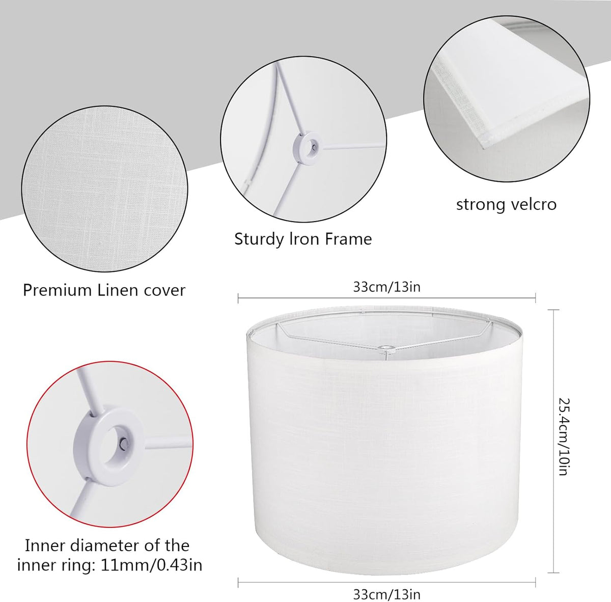 Detail diagram of a white drum lampshade showing fabric texture, inner ring and 13in dimension