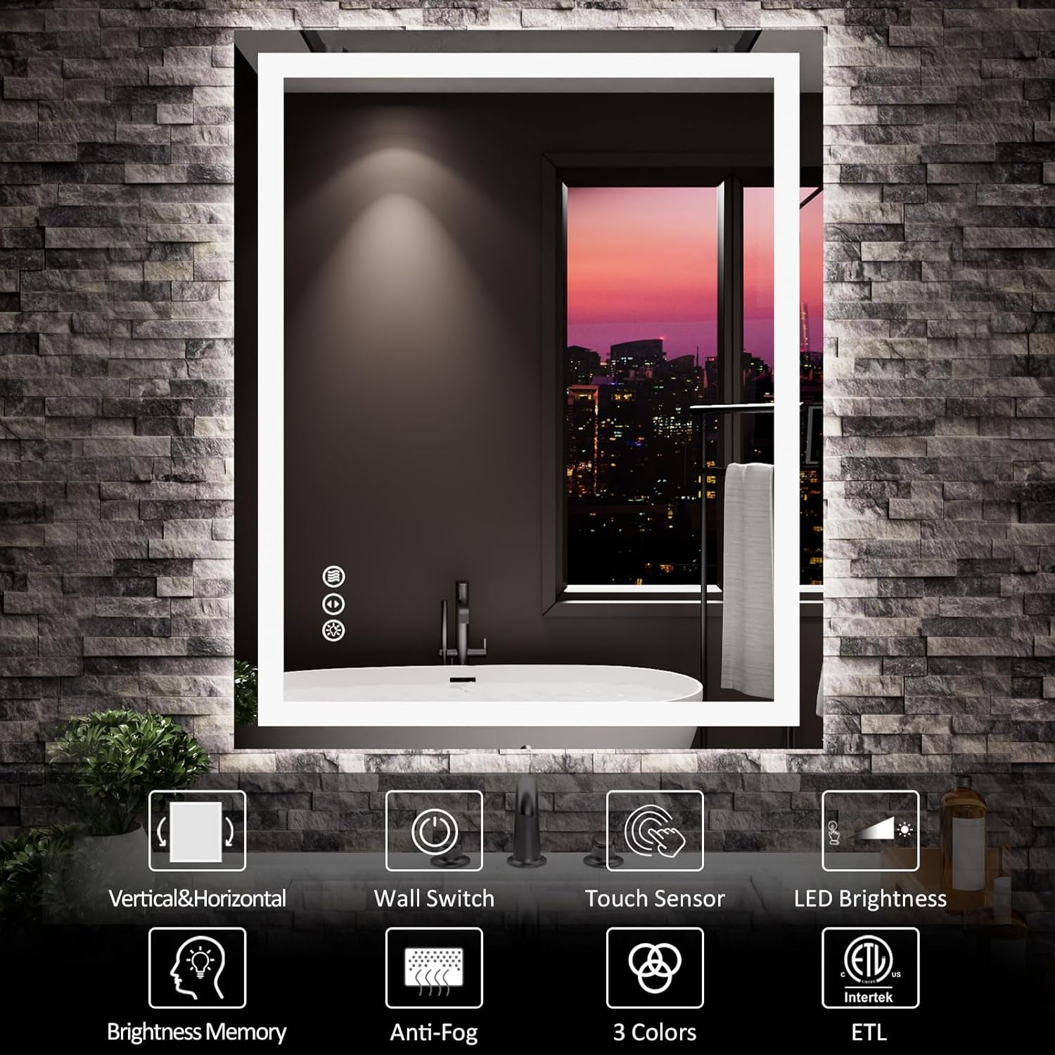 Rectangular LED bathroom mirror mounted vertically above a sink with touch control icons visible on the lower left