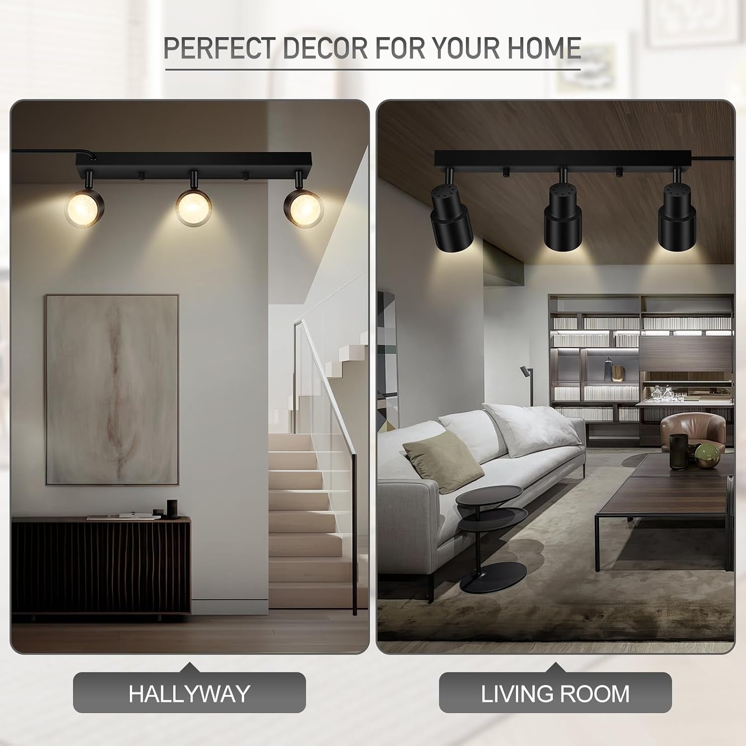 Hallway and living room examples showing black three-light track lighting used above staircase and seating area