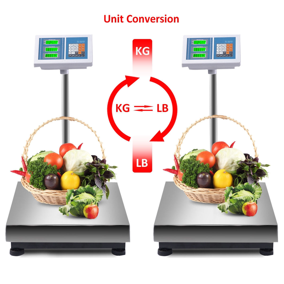 Two platform scales with produce baskets flank a red circular unit-conversion graphic.