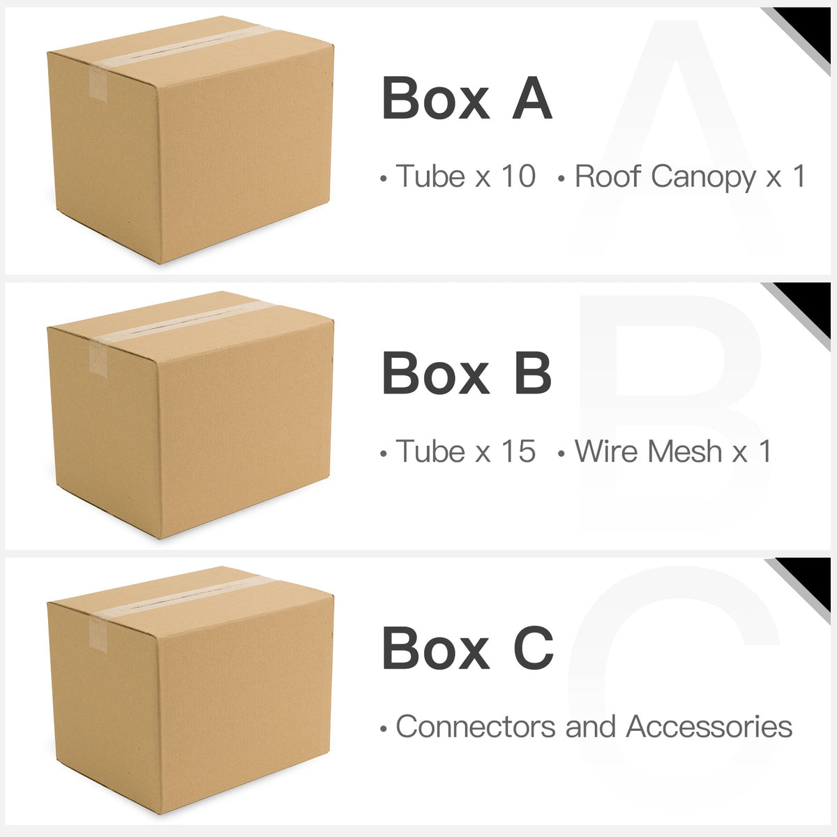 Three cardboard boxes shown separately, each beside a list of the contents.