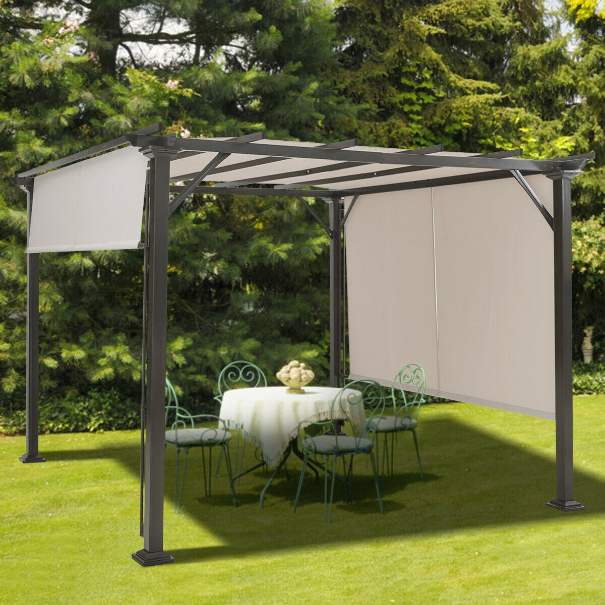 Dark metal patio shelter with beige side screens over a garden dining set on a lawn.