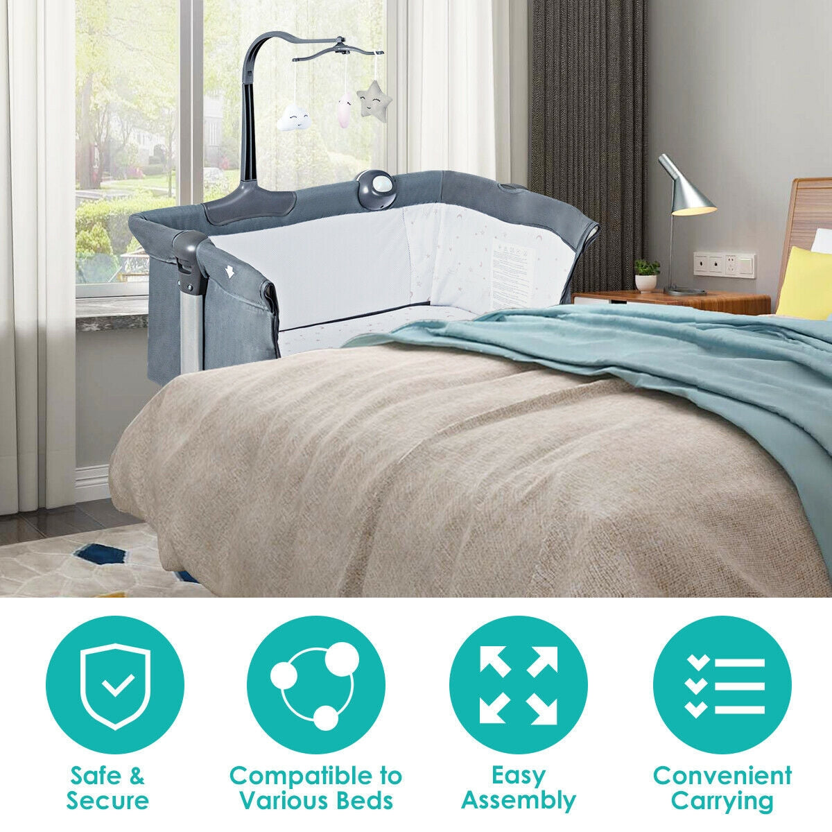 Height Adjustable Baby Side Crib with Music Box & Toys, Dark Gray