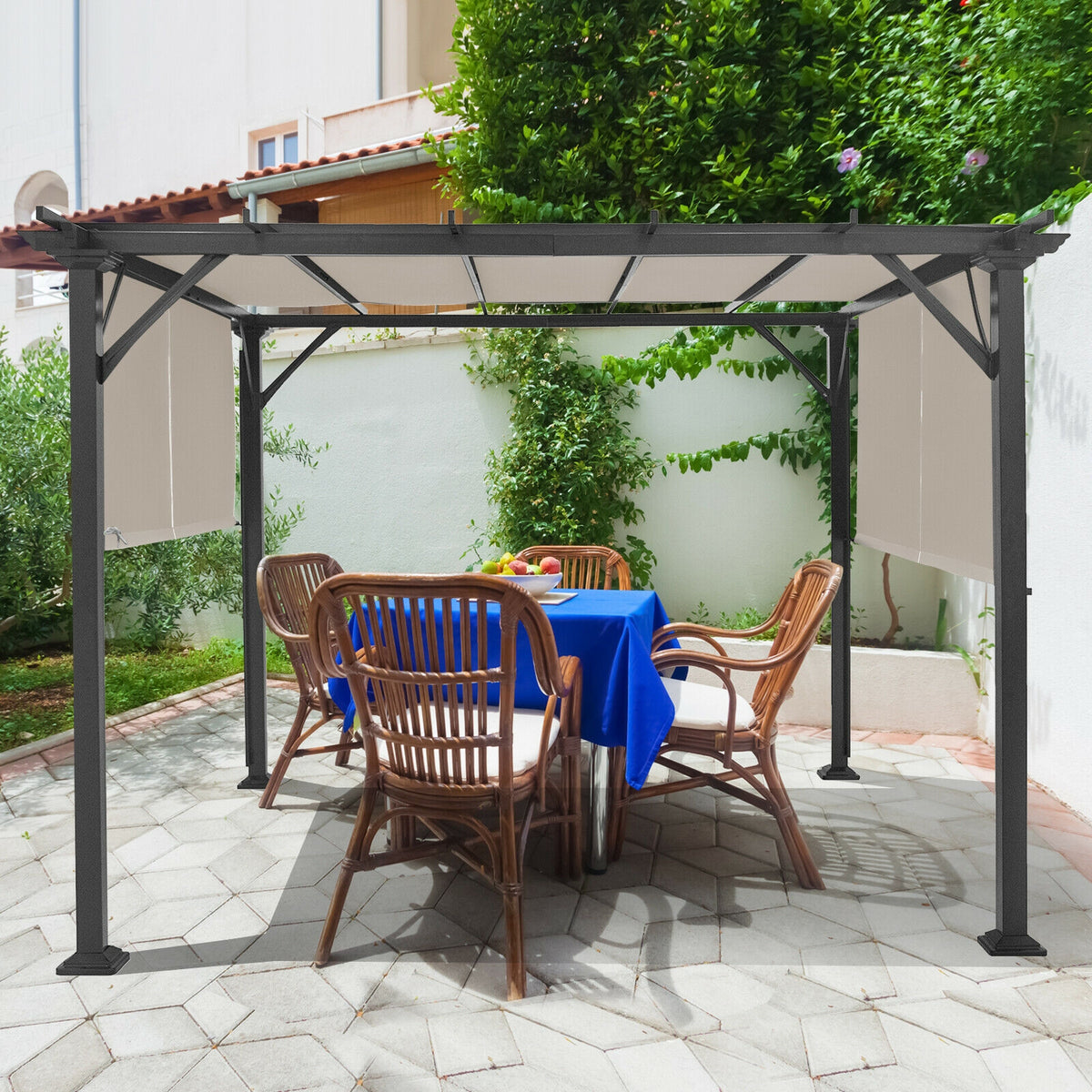 Dark-framed gazebo with light canopy panels shading a patio dining set