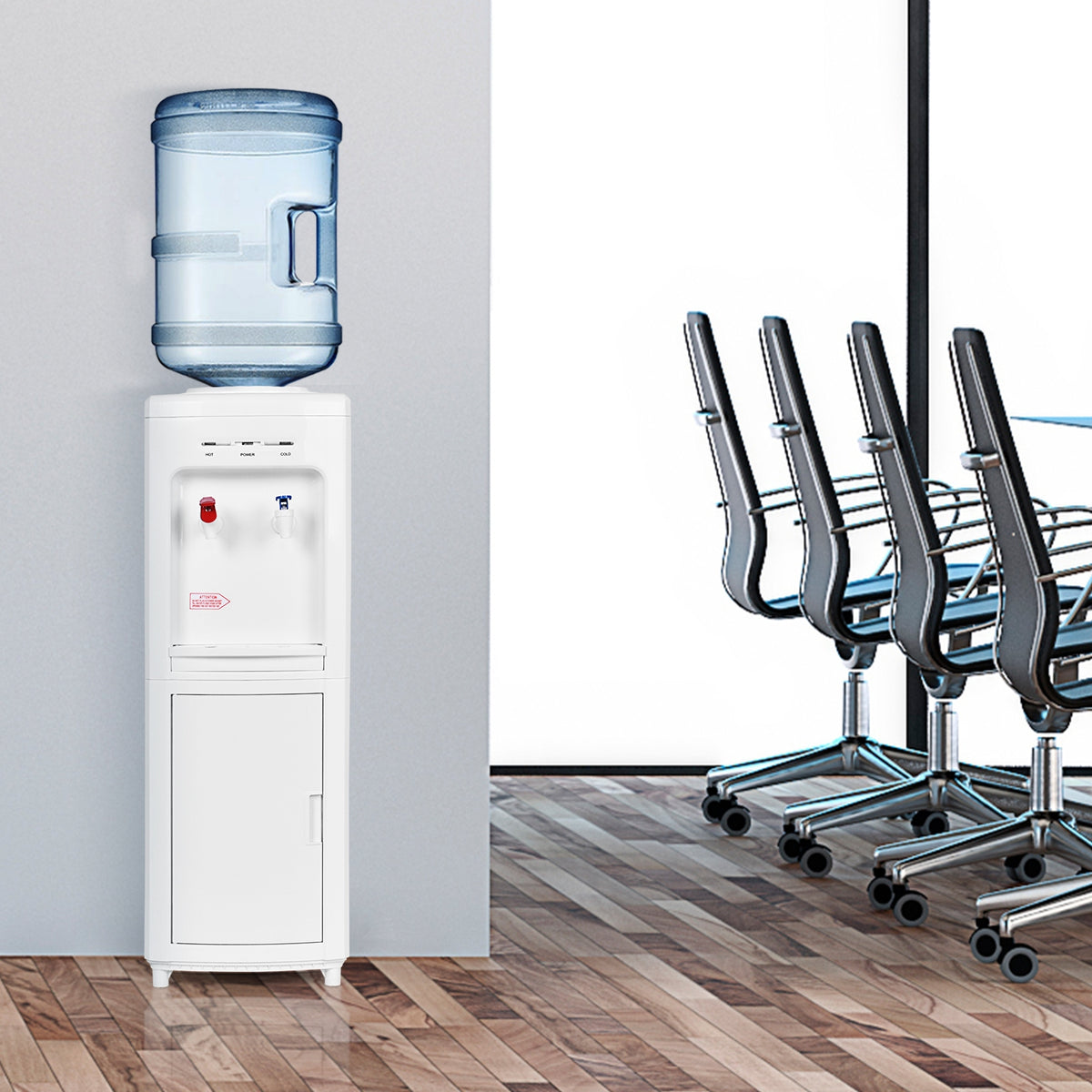 White water cooler with a blue bottle standing beside a row of office chairs.