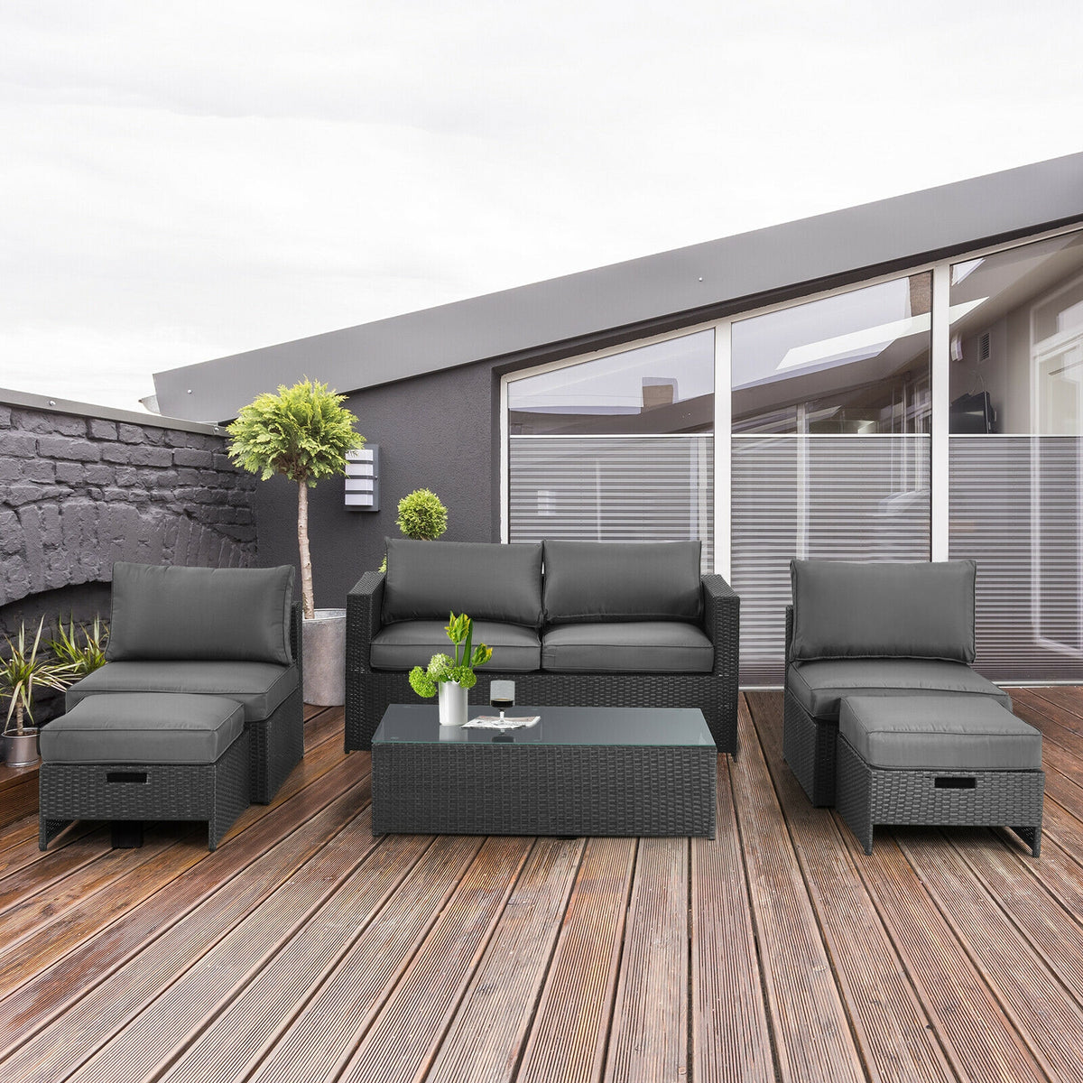 6 Pieces Patio Rattan Furniture Set with Glass Table and Cushioned Seat, Gray
