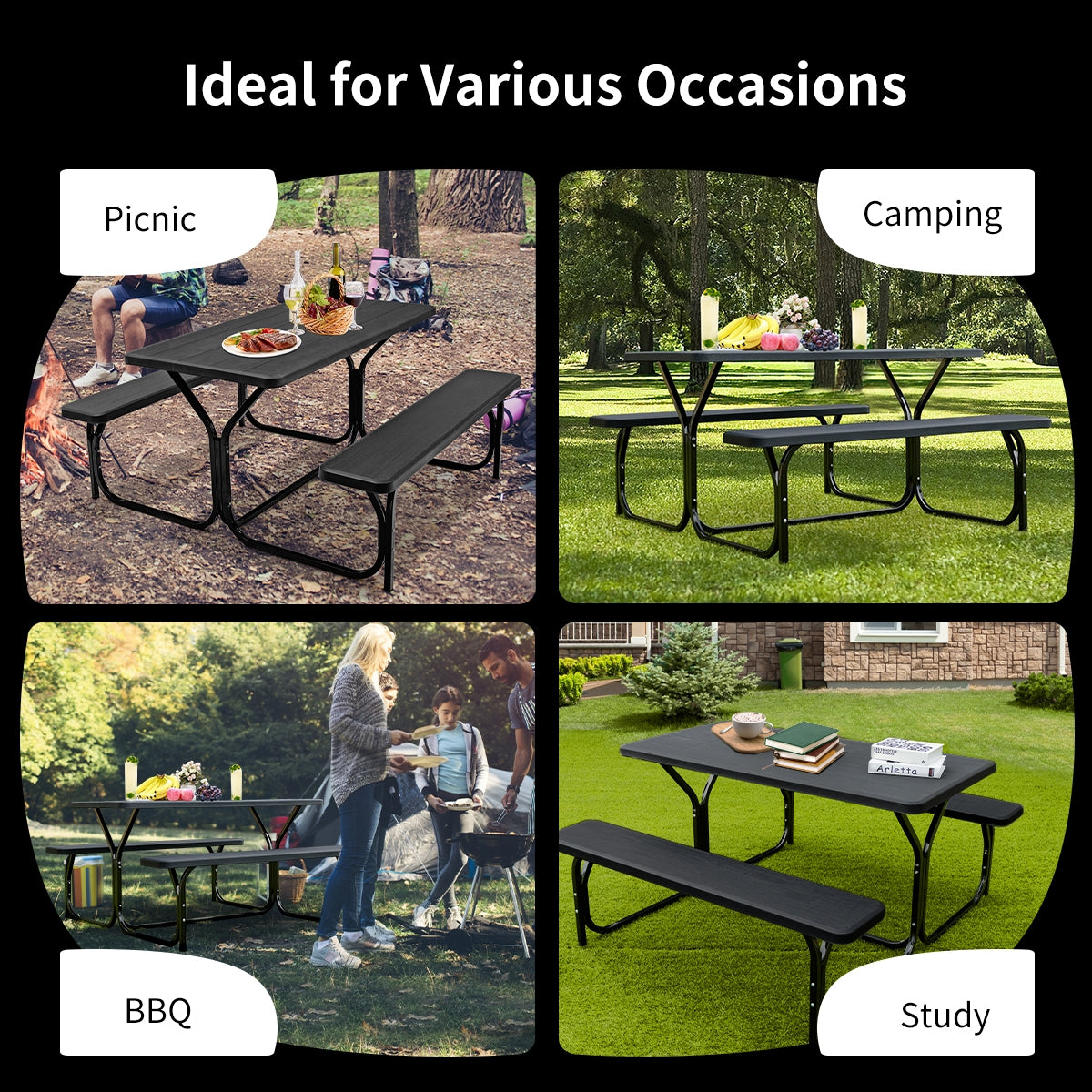 Four outdoor scenes show the picnic table set at a picnic, campsite, barbecue, and backyard.