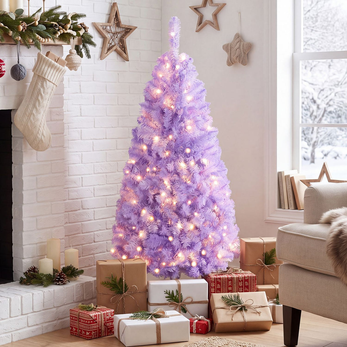 A glowing lavender Christmas tree stands among wrapped presents in a cozy holiday living room.