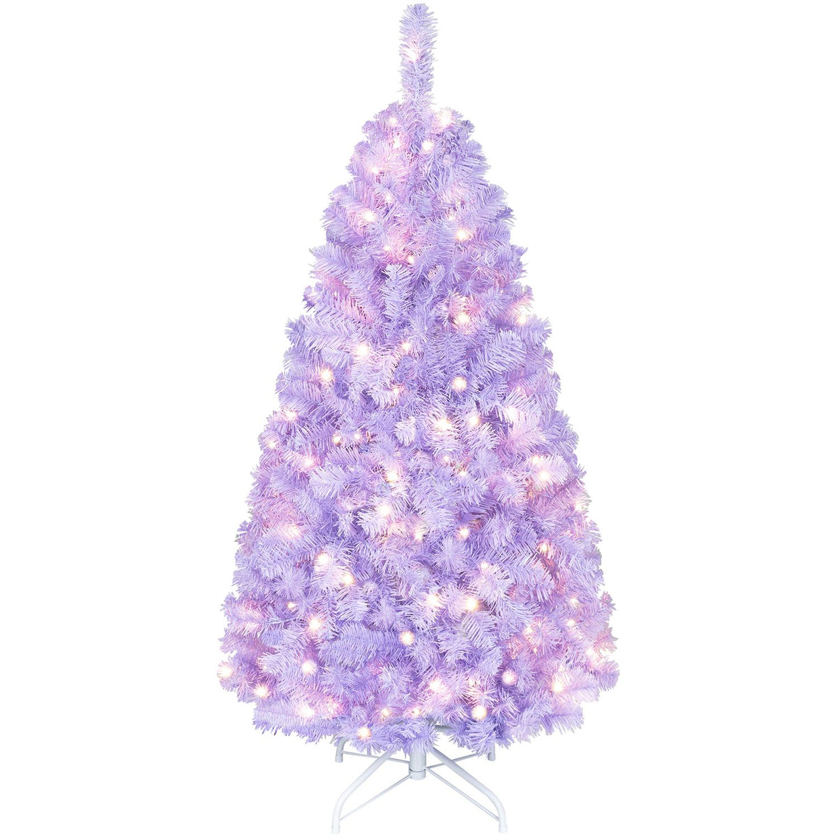 A flocked lavender tree with warm lights and a visible metal stand against a white background.