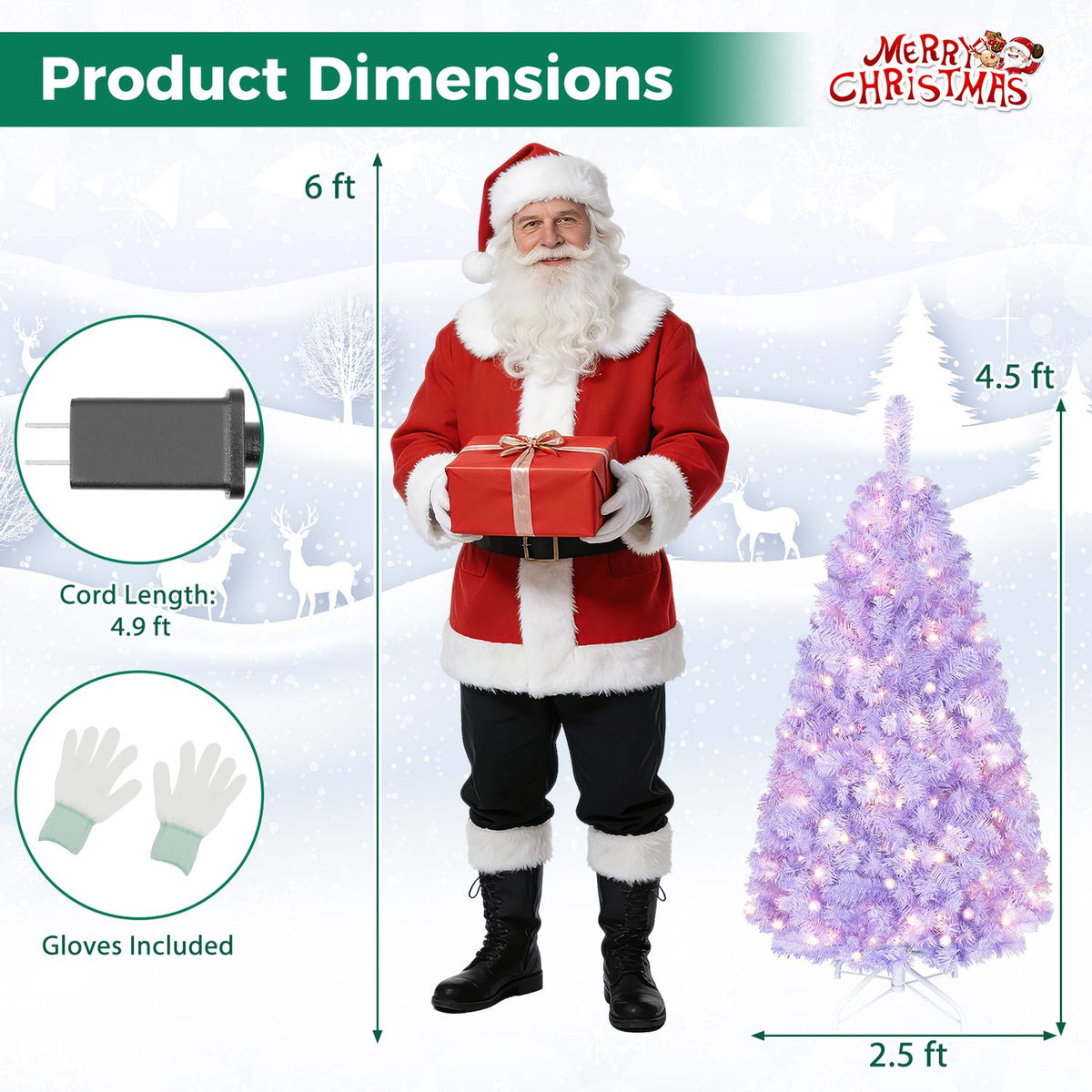 A graphic shows a lit lavender tree beside Santa, with circular illustrations of a cord and gloves.