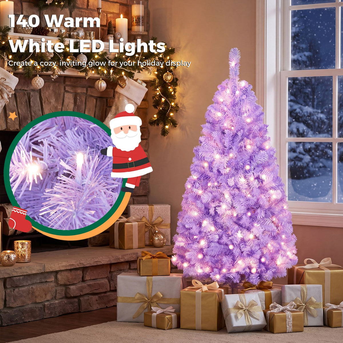 Glowing lavender Christmas tree beside a stone fireplace, with a close-up inset of its illuminated branches.