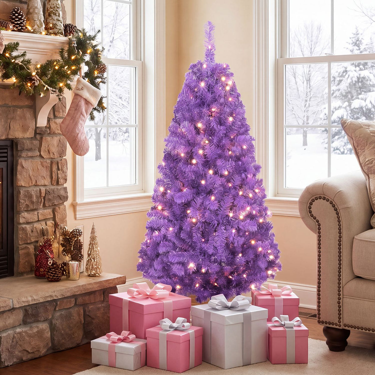 A glowing purple Christmas tree stands beside a fireplace and windows, surrounded by pink and white gifts.