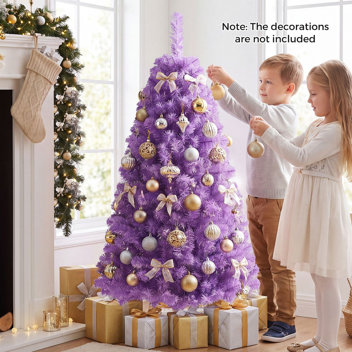 Children decorate a purple Christmas tree beside a bright window, with wrapped gifts around its base.