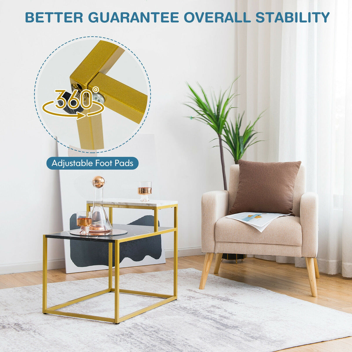 2 Tier End Side Table with Metal Frame and Storage Shelf for Living Room, White
