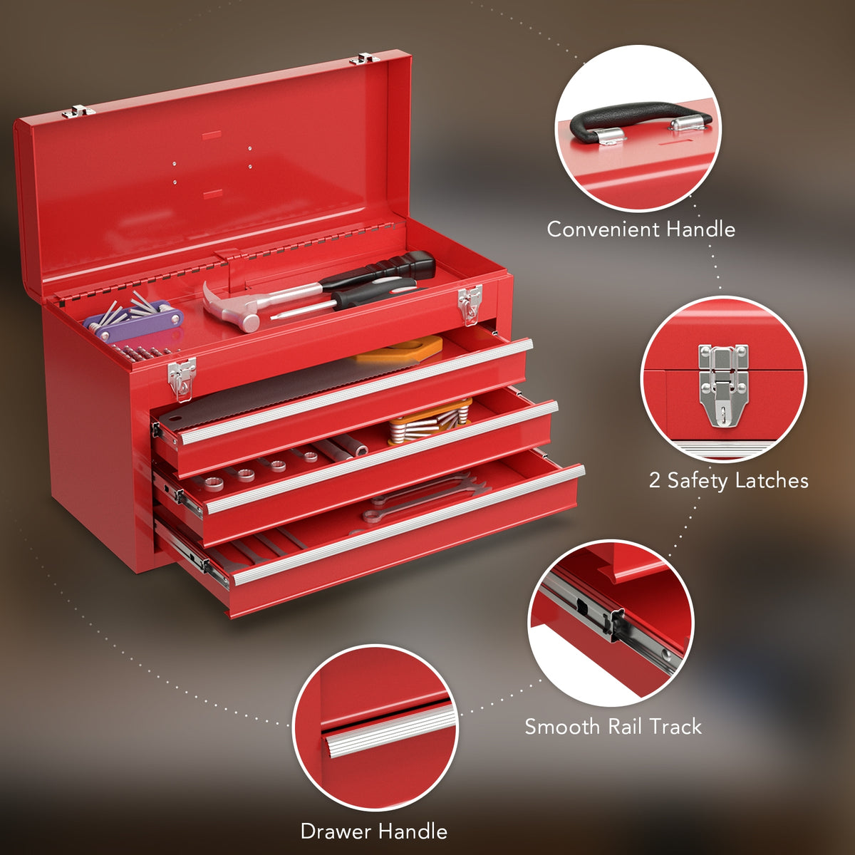 Portable Garage Mechanic Tool Cabinet Box with 3 Drawers