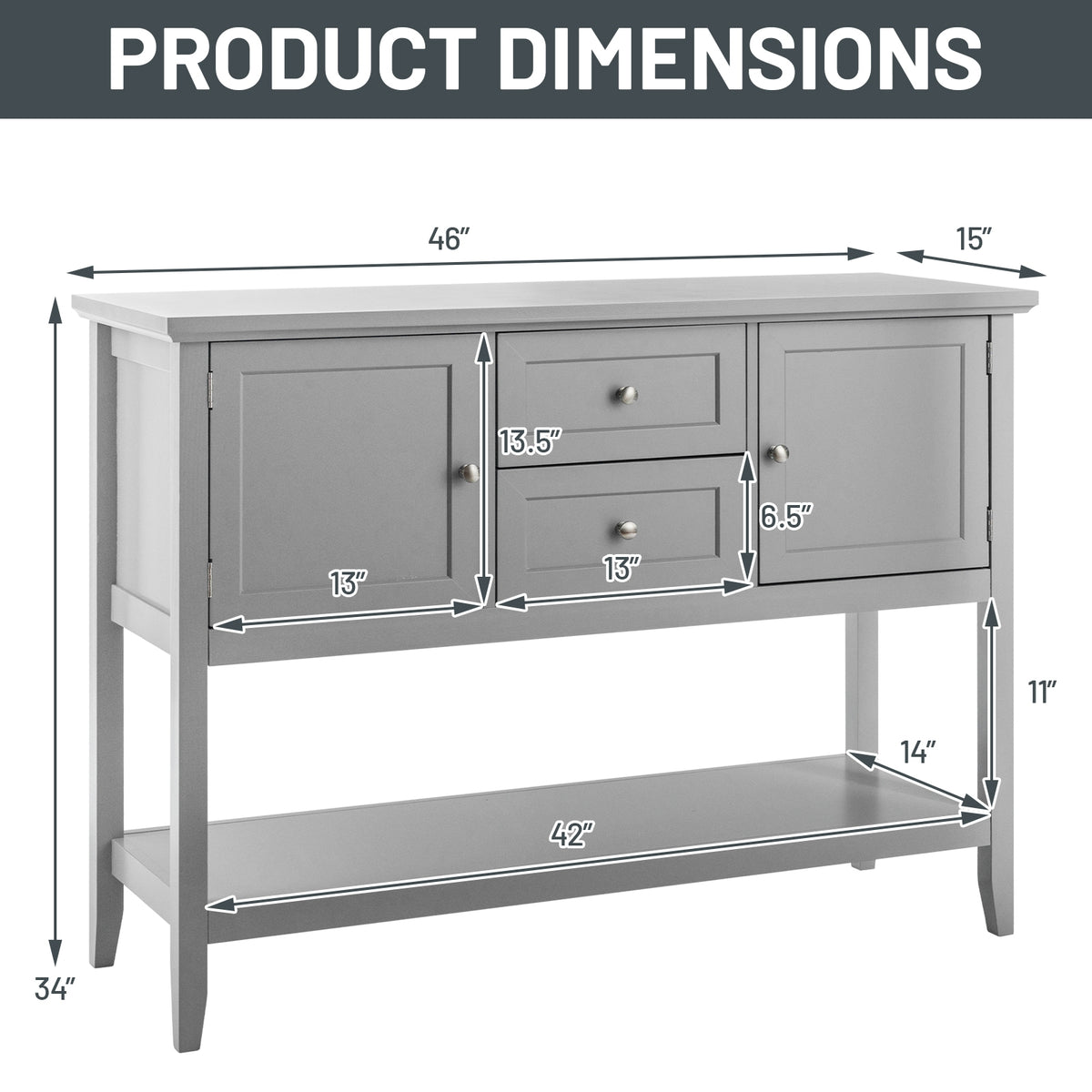 Wooden Sideboard Buffet Console Table with Drawers and Storage, Gray