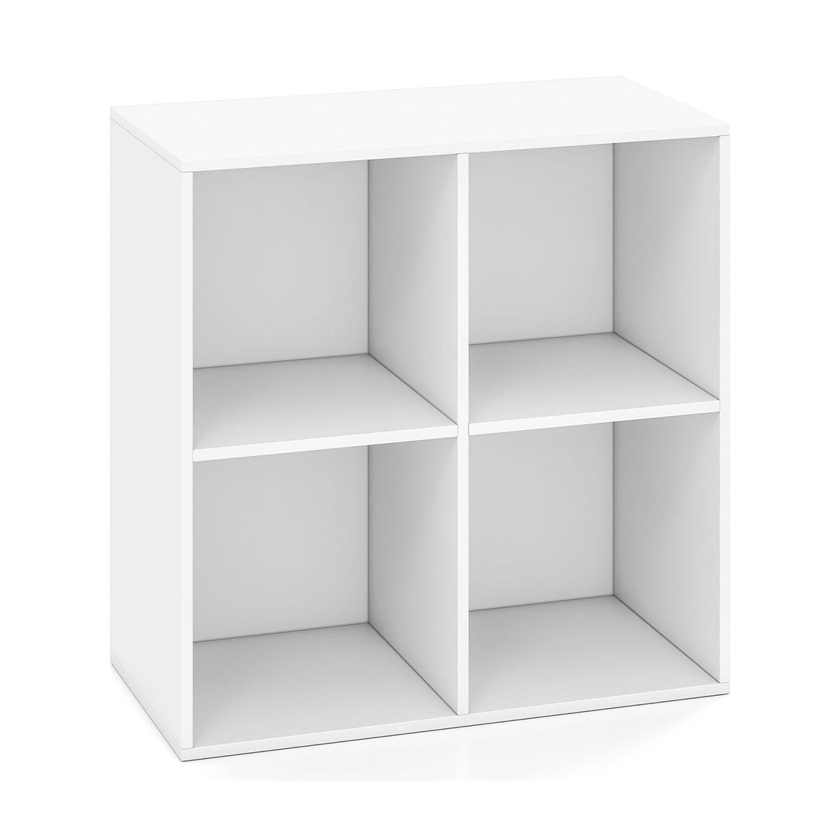 Empty white bookshelf with four open cube compartments on a plain background.