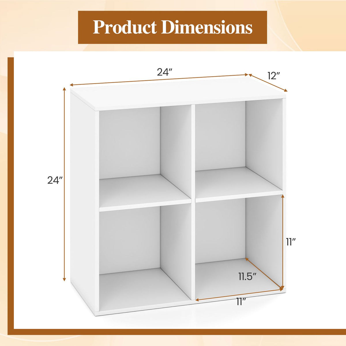 White four-cube bookshelf shown with arrows marking its overall and interior dimensions.