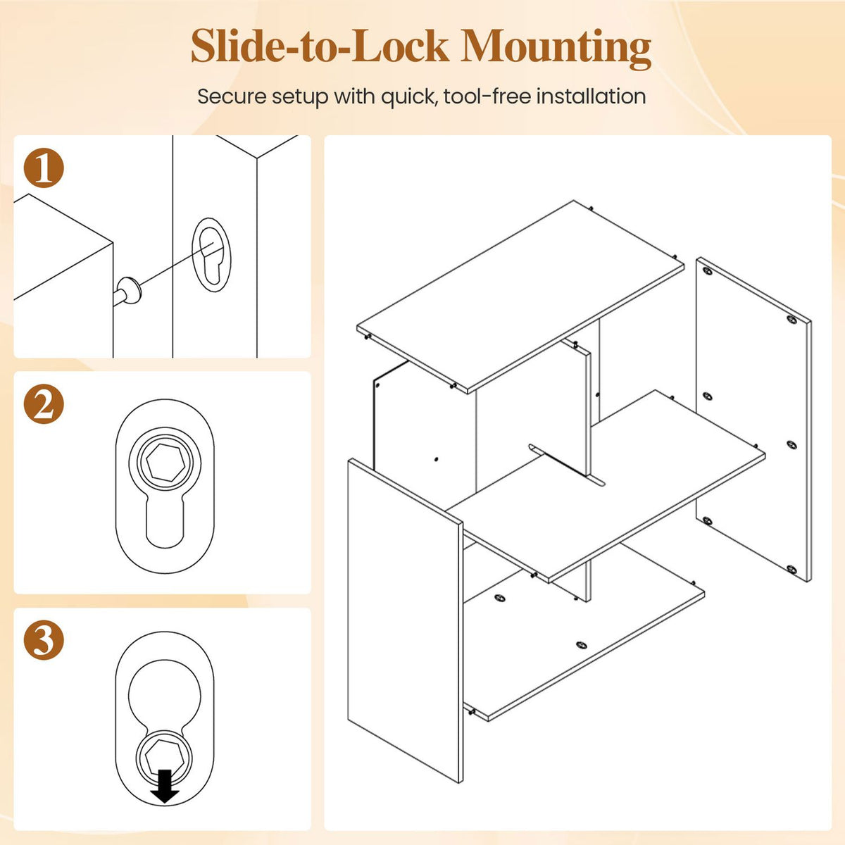 Exploded bookshelf assembly drawing beside three close-up illustrations of the mounting hardware.