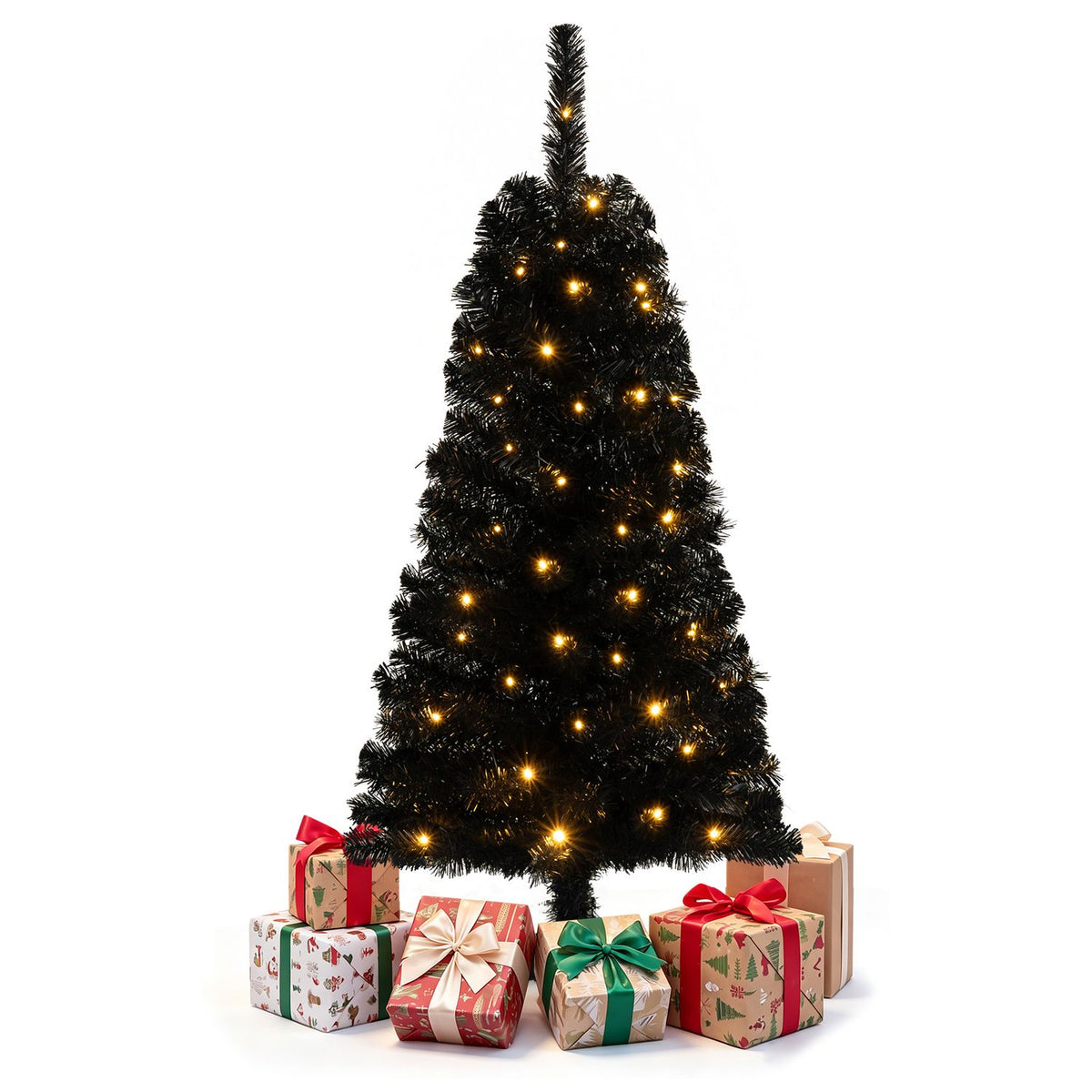 Lit artificial tree on a black stand, displayed above a row of wrapped gifts.
