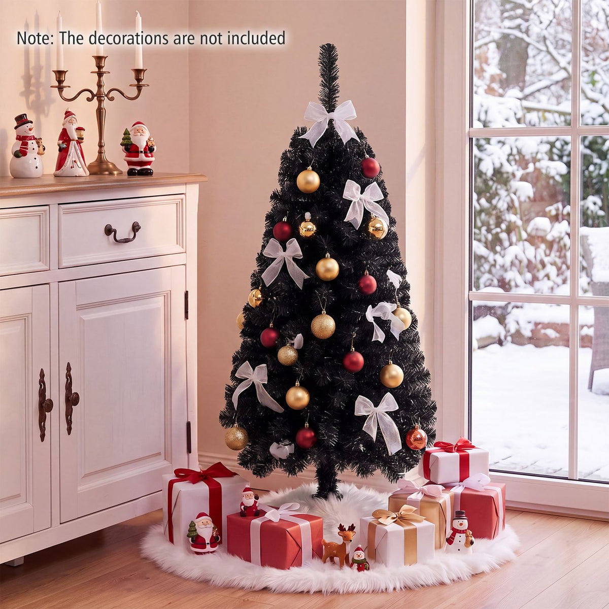 A decorated dark green Christmas tree stands beside a cabinet and snowy window, with gifts around its base.