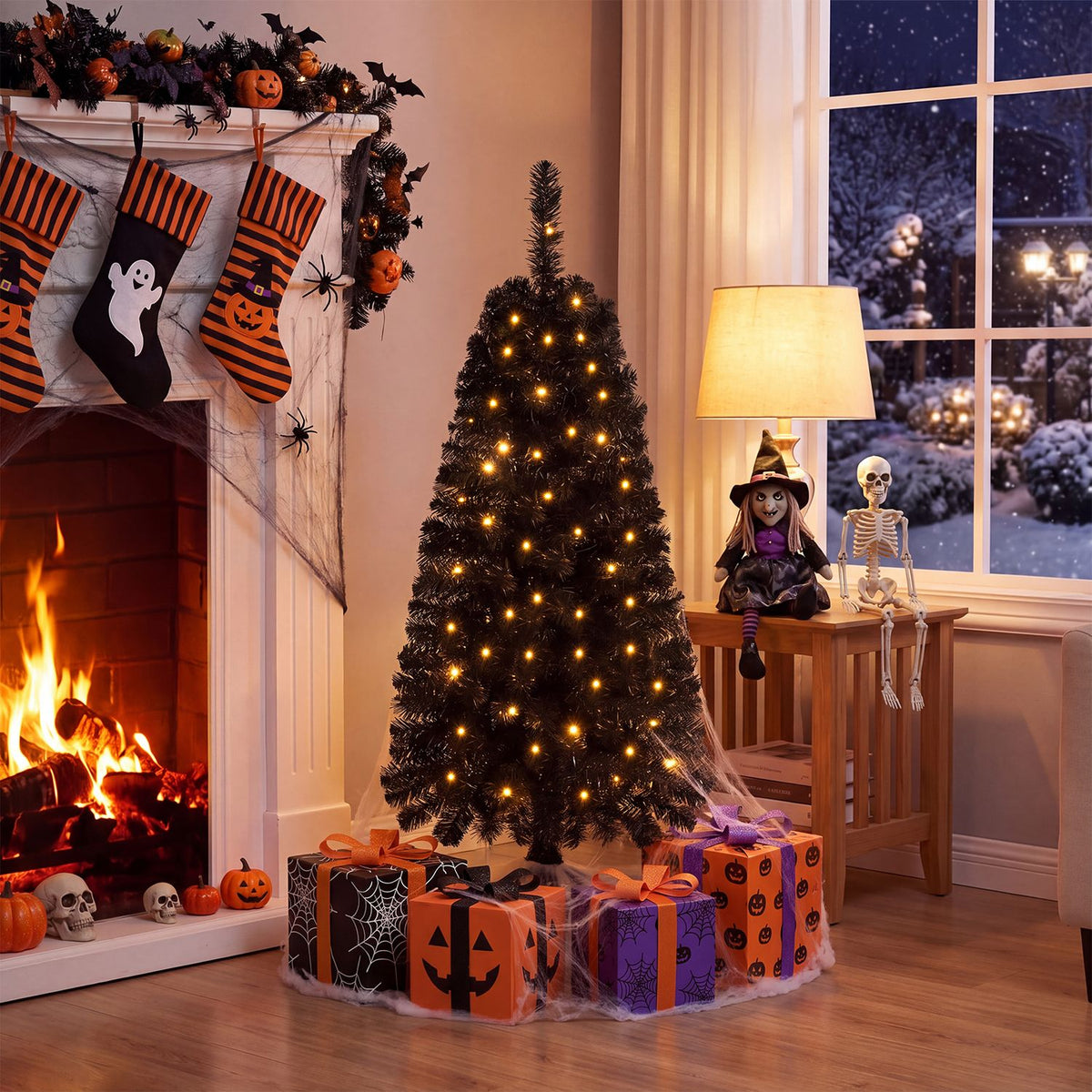 Lit artificial tree beside a fireplace, surrounded by Halloween decorations and wrapped presents.