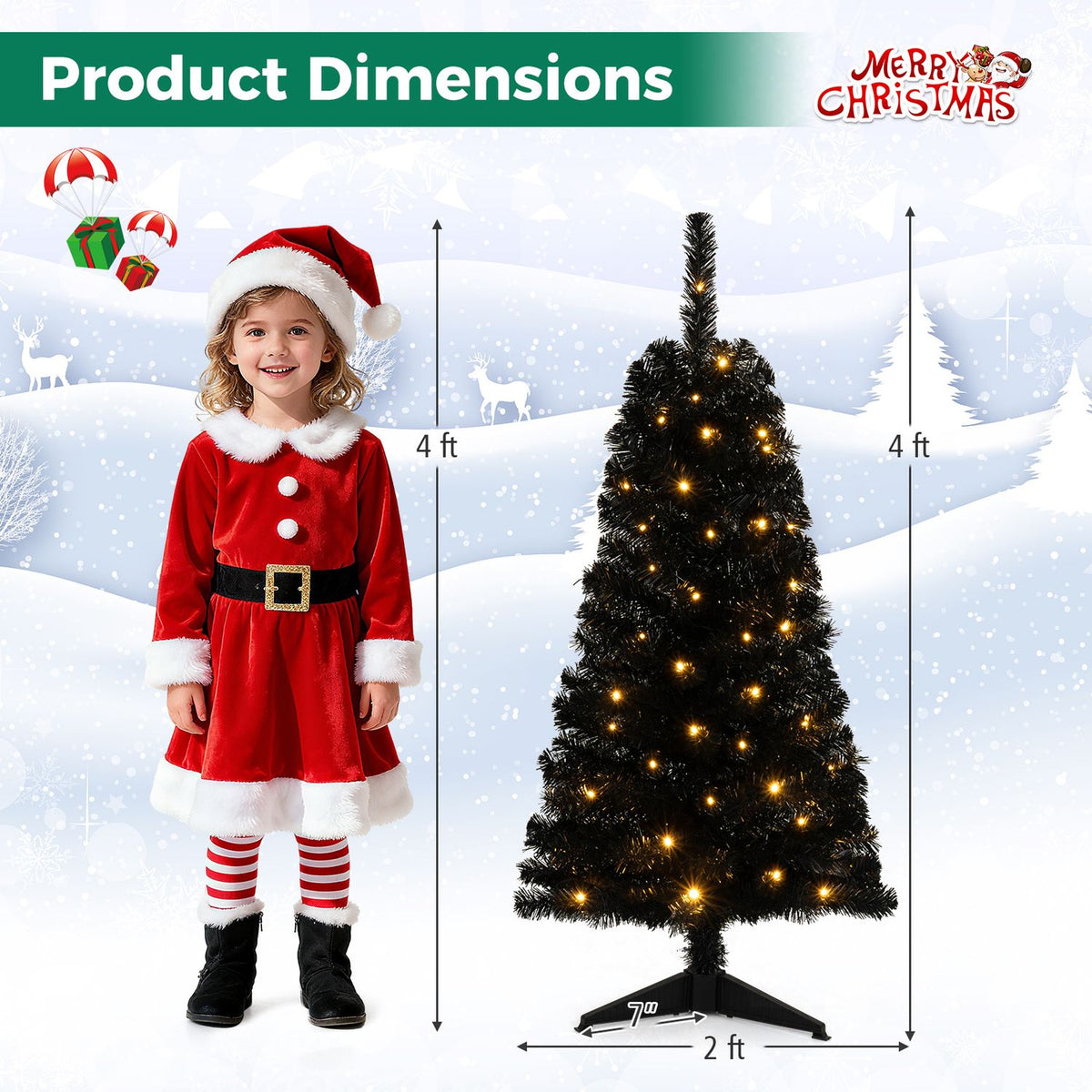 A lit dark green Christmas tree beside a child, with arrows indicating its height and base width.