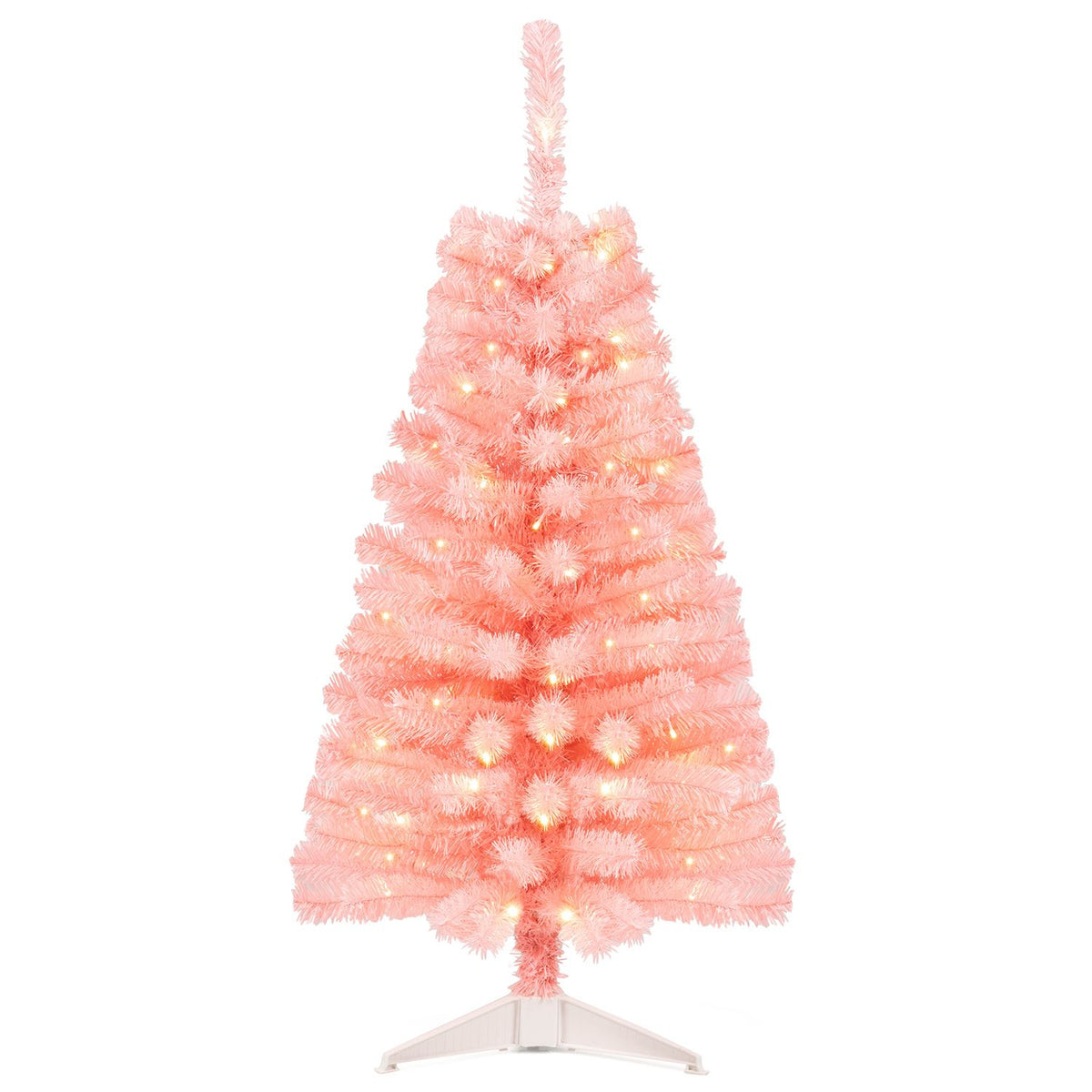A pink Christmas tree with warm lights stands on a white folding base against a plain background.