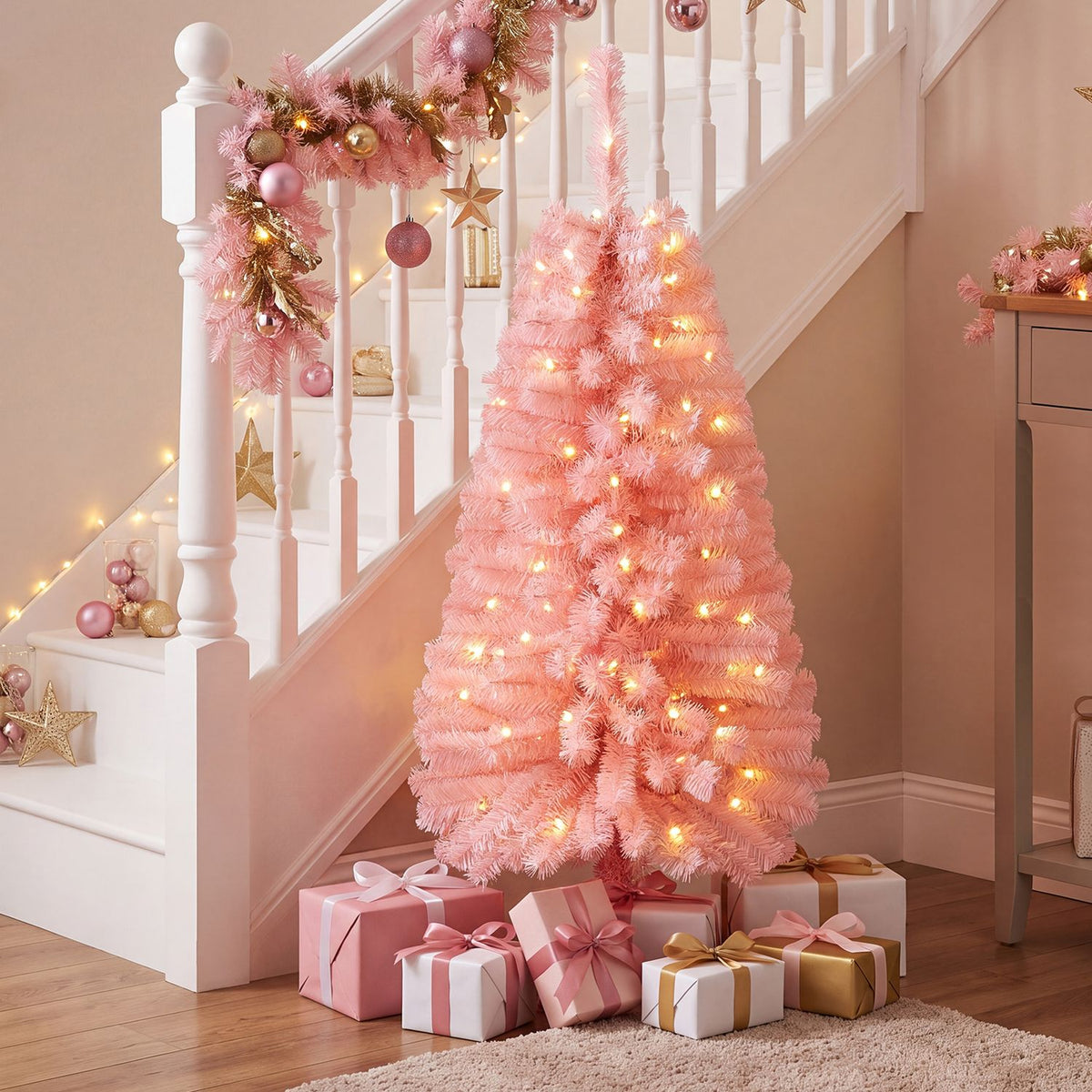 A glowing pink Christmas tree stands beneath a decorated staircase, surrounded by wrapped gifts.