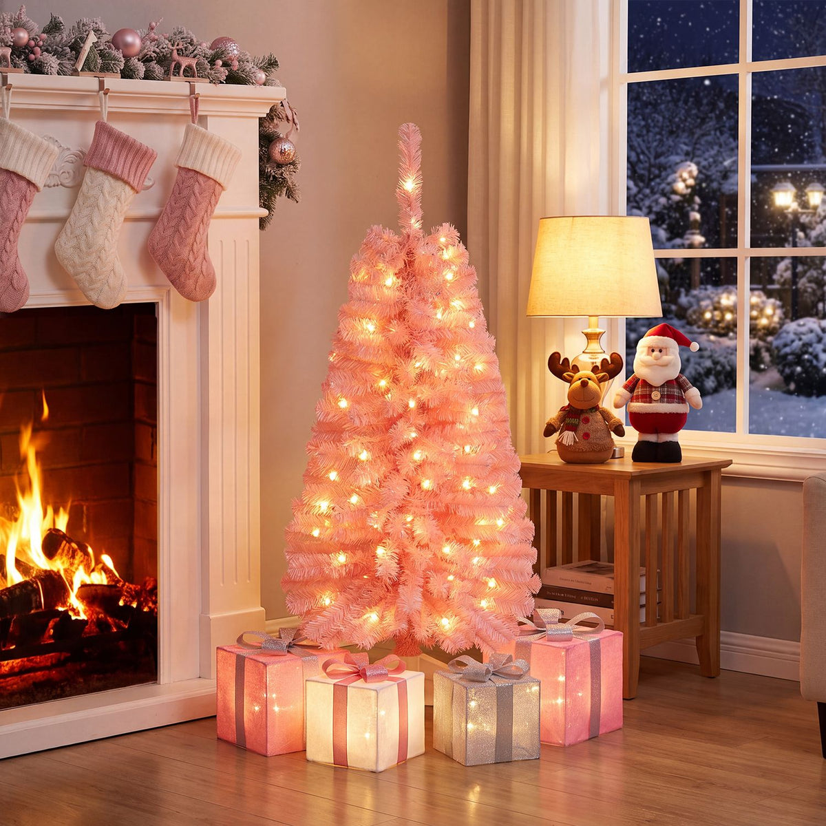 A lit pink Christmas tree and wrapped presents sit beside a fireplace and a snowy window.