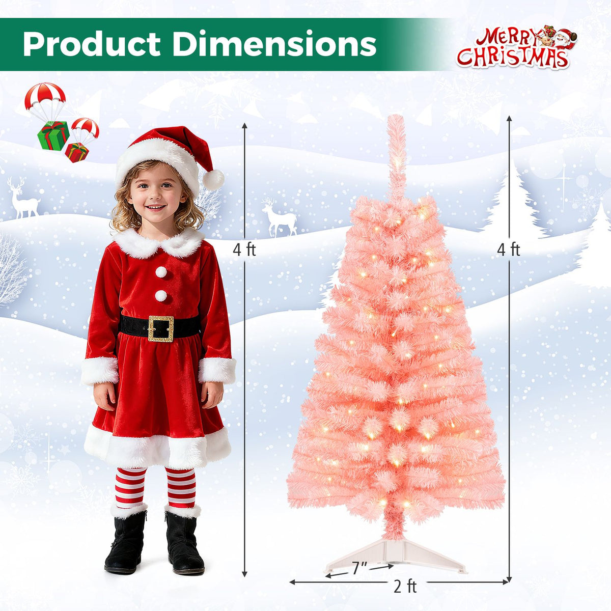 Pink artificial tree with a white stand shown beside a child, with arrows indicating its height and width.