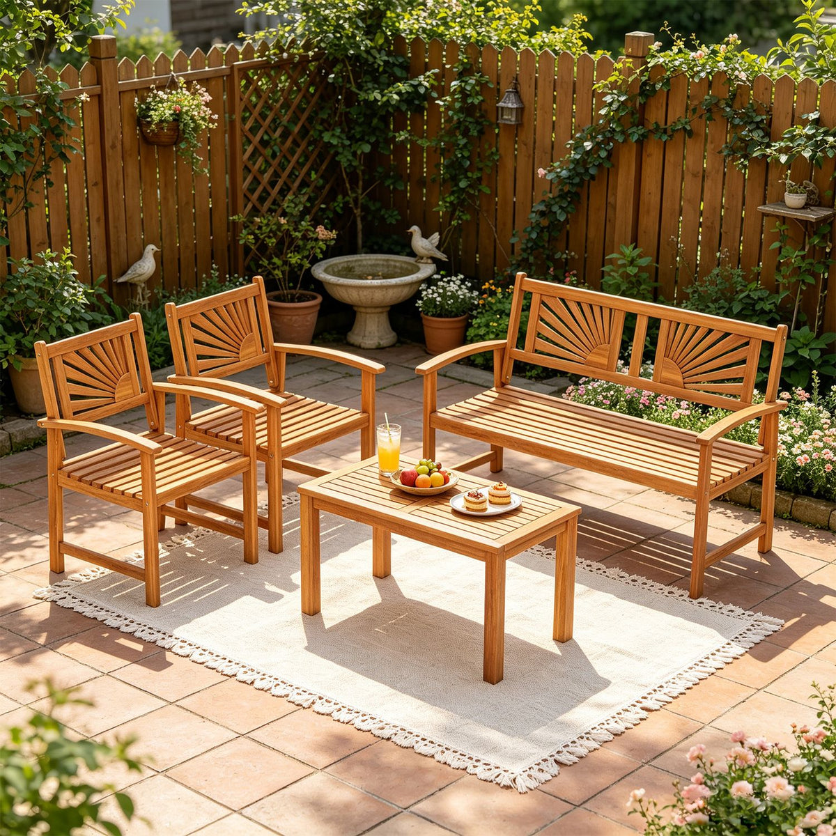 Wooden patio set with a loveseat, two armchairs and a coffee table on a rug in a garden courtyard.