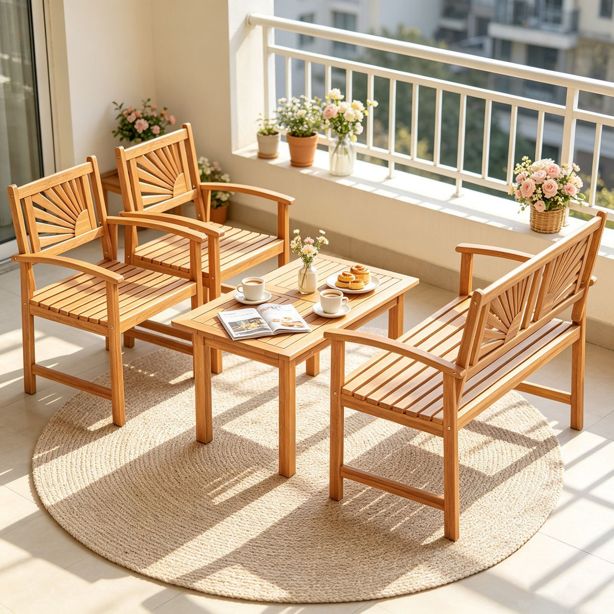 Wooden loveseat, two armchairs and coffee table arranged on a round rug on a sunny balcony.