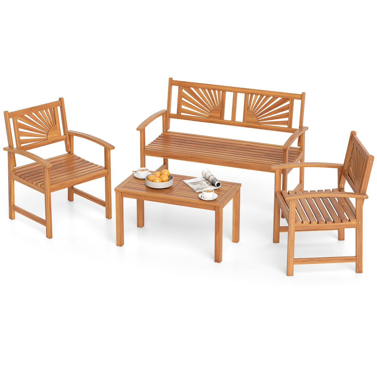Wooden patio seating set and coffee table with cups, fruit and a rolled magazine against white.
